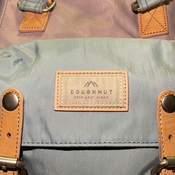 Doughnut Brand 14 inch Backpack, Blue & Purple with Tan Leather Straps - Picture 4 of 16